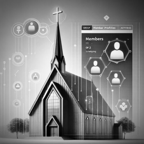 DALL·E 2024-02-25 23.27.06 - Create an image that represents a CRM system for church management. The image should depict a modern church building with a cross on top, alongside a